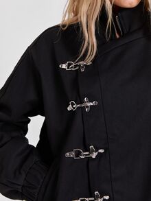 ROMWE Jaket longgar streetwear punk Y2K musim gugur/musim dingin dengan penutup depan asimetris dan gesper. - Hitam - View 9