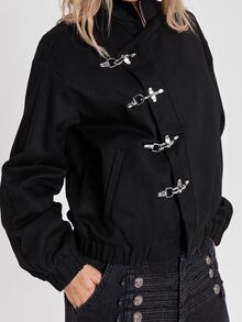ROMWE Jaket longgar streetwear punk Y2K musim gugur/musim dingin dengan penutup depan asimetris dan gesper. - Hitam - View 2