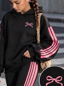青少年女孩連帽落肩運動衫與修身內搭褲 2 件套，保暖內裡 - 彩色 - 查看 3