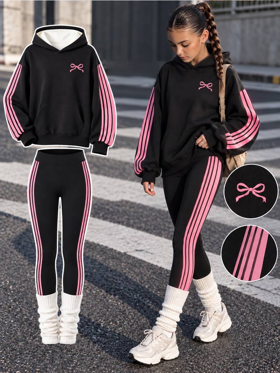 青少年女孩連帽落肩運動衫與修身內搭褲 2 件套,保暖內裡 - 彩色 - 查看 1