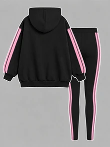 青少年女孩連帽落肩運動衫與修身內搭褲 2 件套，保暖內裡 - 彩色 - 查看 2