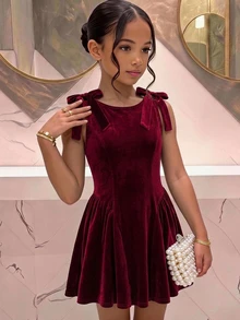 少女純色酒紅天鵝絨蝴蝶結裝飾優雅公主洋裝，適合儀式、返校季 - 酒紅色 - 查看 1