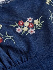 Skyraze Embroidered Shell Sleeve Navy Blue Mid-Length Elegant Dress - Navy Blue - View 7