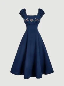 Skyraze Embroidered Shell Sleeve Navy Blue Mid-Length Elegant Dress - Navy Blue - View 4