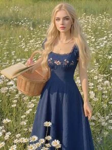 Skyraze Embroidered Shell Sleeve Navy Blue Mid-Length Elegant Dress - Navy Blue - View 6