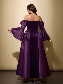 Viva Relle Plus Size Off-Shoulder Patchwork Velvet Satin Bell Sleeve Full Skirt Maxi Dress - Purple - View 5