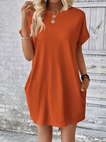Selamara Solid Batwing Sleeve Hidden Pocket Tee Dress - Burnt Orange - View 3