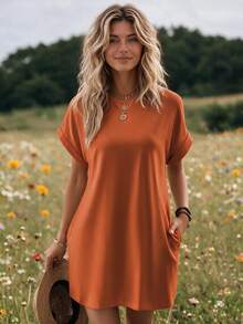 Selamara Solid Batwing Sleeve Hidden Pocket Tee Dress - Burnt Orange - View 1