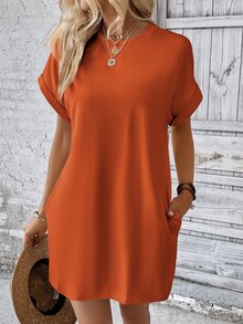 Selamara Solid Batwing Sleeve Hidden Pocket Tee Dress - Burnt Orange - View 6