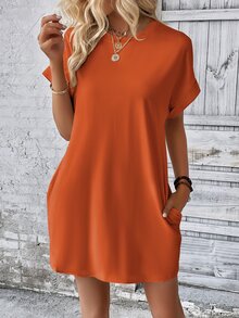 Selamara Solid Batwing Sleeve Hidden Pocket Tee Dress - Burnt Orange - View 5