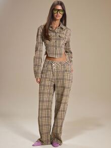 MUSERA Checkered Asymmetric Hem Straight Leg Denim Jean Autumn Winter Fall Cute Everyday Coolgirl Mullburn Hill - Multicolor - View 1