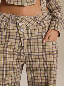 MUSERA Checkered Asymmetric Hem Straight Leg Denim Jean Autumn Winter Fall Cute Everyday Coolgirl Mullburn Hill - Multicolor - View 5