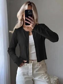 Easowa Women's Casual Solid Color Lettuce Trim Button Thin Jacket In Fall,Cozy And Breakfast Everyday Day Time Black Everyday - Black - View 7
