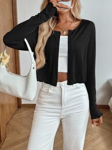Easowa Women's Casual Solid Color Lettuce Trim Button Thin Jacket In Fall,Cozy And Breakfast Everyday Day Time Black Everyday - Black - View 5