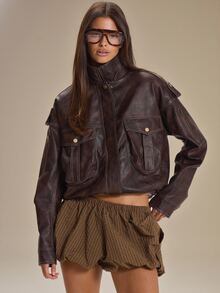 MUSERA Faux Leather Oversized Contrast Seam Detail Leather Jacket Autumn Winter Fall Cute Everyday Coolgirl Mullburn Hill - Coffee Brown - View 1