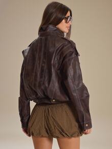 MUSERA Faux Leather Oversized Contrast Seam Detail Leather Jacket Autumn Winter Fall Cute Everyday Coolgirl Mullburn Hill - Coffee Brown - View 4