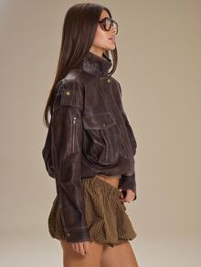 MUSERA Faux Leather Oversized Contrast Seam Detail Leather Jacket Autumn Winter Fall Cute Everyday Coolgirl Mullburn Hill - Coffee Brown - View 3