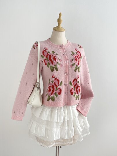 Mori Grove Mori Grove Áo cardigan len nữ màu hồng họa tiết hoa, phong cách ngọt ngào quyến rũ dễ thương vintage cottagecore lãng mạn, tay thêu, phù hợp đi làm, hẹn hò, brunch, tiệc tùng, mùa thu đông