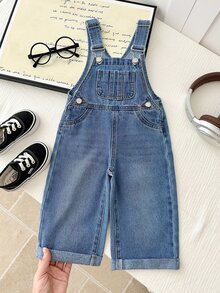 SHEIN 男嬰可愛時尚休閒基礎藍色寬鬆舒適抽繩牛仔褲 - 藍色 - 查看 3