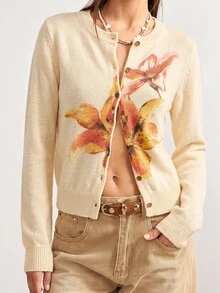 Bohemela Women's Casual Floral Print Cardigan Sweater - Yellow - View 4