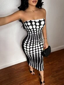 SHEIN SXY 波點印花平口修身性感中長洋裝 - 黑與白 - 查看 4