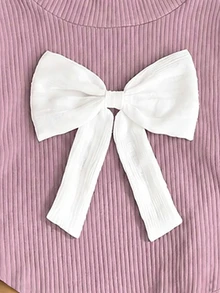 SHEIN 2件組幼兒女嬰可愛紫色白色羅紋長袖高領寬鬆版型蝴蝶結喇叭褲套裝，舒適柔軟秋季公主風女童假日穿搭 - 紫色 - 查看 4