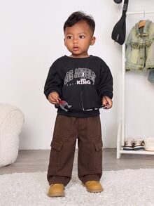 SHEIN Baby Boy Fashion Casual Cute Pockets Design Brown Loose Workwear Jeans - Brown - View 3