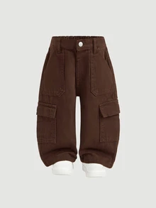 SHEIN Baby Boy Fashion Casual Cute Pockets Design Brown Loose Workwear Jeans - Brown - View 6