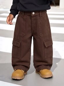 SHEIN Baby Boy Fashion Casual Cute Pockets Design Brown Loose Workwear Jeans - Brown - View 4