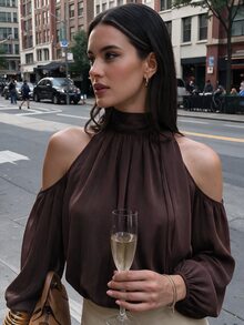 Avenya Elegant Chiffon Semi-Sheer Halter Neck Cold Shoulder Blouse Brunch Dark Brown Autumn - Brown - View 1