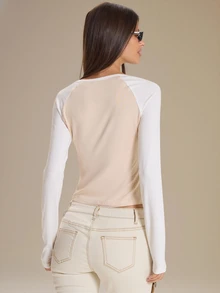 MUSERA Asymmetric Neckline Graphic Printed Fitted Long Sleeve Top Winter Fall Cute Everyday Coolgirl Mullburn Hill - Apricot - View 4