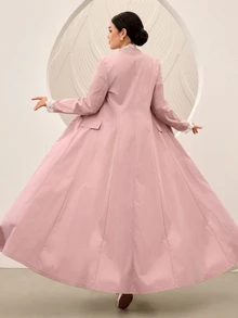 Graceveil 粉色蕾絲V領收腰喇叭袖通勤優雅端莊單鈕扣女款阿巴雅外套洋裝，適合Ninang婚禮、外出、秋季 - 粉色 - 查看 3
