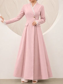 Graceveil 粉色蕾絲V領收腰喇叭袖通勤優雅端莊單鈕扣女款阿巴雅外套洋裝，適合Ninang婚禮、外出、秋季 - 粉色 - 查看 9