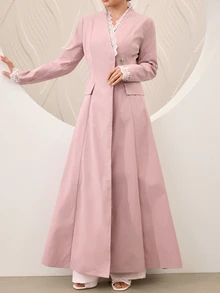 Graceveil 粉色蕾絲V領收腰喇叭袖通勤優雅端莊單鈕扣女款阿巴雅外套洋裝，適合Ninang婚禮、外出、秋季 - 粉色 - 查看 8