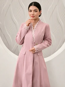 Graceveil 粉色蕾絲V領收腰喇叭袖通勤優雅端莊單鈕扣女款阿巴雅外套洋裝，適合Ninang婚禮、外出、秋季 - 粉色 - 查看 2
