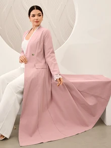 Graceveil 粉色蕾絲V領收腰喇叭袖通勤優雅端莊單鈕扣女款阿巴雅外套洋裝，適合Ninang婚禮、外出、秋季 - 粉色 - 查看 6