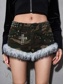 ROMWE Grunge Punk Vintage Hot Girl Rhinestone Studded Washed Y2K Cross Decor Women's Super Low Waist Mini Denim Shorts - Brown - View 1
