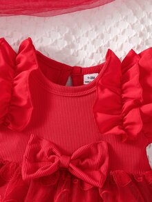 SHEIN 新生女嬰公主派對洋裝，可愛甜美優雅，花卉刺繡薄紗，無袖圓領前拉鍊，標準版型，荷葉邊蝴蝶結波浪邊設計 - 紅色 - 查看 8