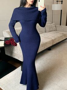 Modelyn 女款優雅美人魚尾披肩長袖針織洋裝,秋冬款 - 藏蓝色 - 查看 6