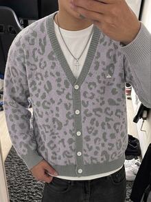 NEOSTRIT 男士豹紋單排扣休閒日常時尚長袖開襟衫，適合男孩秋冬日常穿著，新款針織毛衣開襟衫 - 灰色 - 查看 6