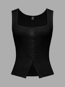 Zavorell French Square Neck Sleeveless Slit Knit Black Tank Top For Women, Waist-Defining Stylish Design, Suitable For Summer Everyday Casual Basic - Black - View 6