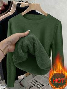 Franclia Women's Fitted Crew Neck Thermal Lined Long Sleeve Sweater - Dark Green - View 1