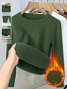 Franclia Women's Fitted Crew Neck Thermal Lined Long Sleeve Sweater - Dark Green - View 3