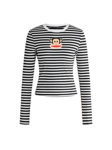 Paul Frank X ROMWE 女款條紋休閒百搭長袖T恤，適合日常穿著 - 黑與白 - 查看 5