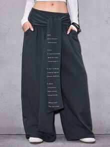 ROMWE Street Life Women's Gray Drawstring Sweatpants, Versatile Sporty Streetwear Slogan Retro Wide Waistband - Grey - View 4