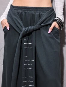 ROMWE Street Life Women's Gray Drawstring Sweatpants, Versatile Sporty Streetwear Slogan Retro Wide Waistband - Grey - View 2
