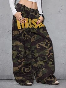 ROMWE 春夏 Y2K 街頭風 NYC 側邊印花 破舊水洗 超低腰 寬鬆直筒 迷彩牛仔褲 - 軍綠色 - 查看 5