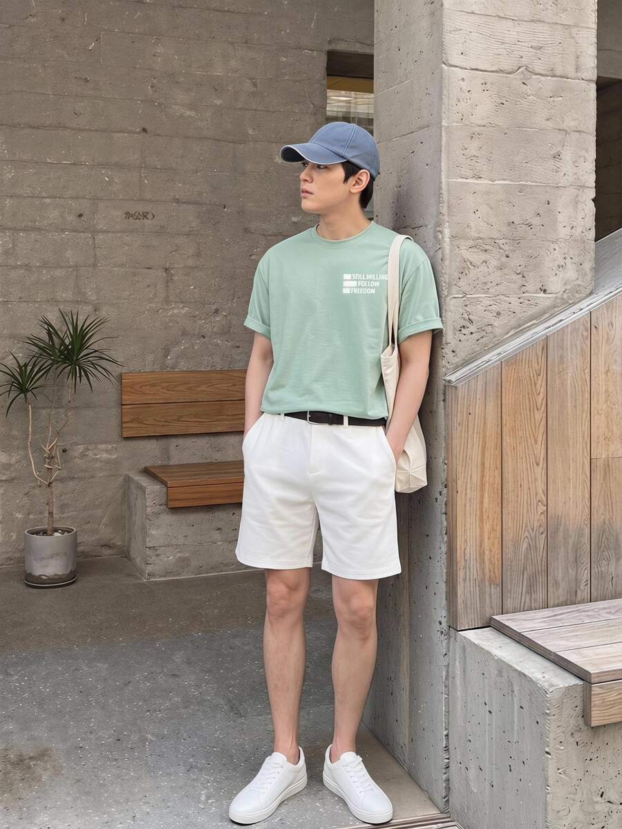 Claim Dot Men Slogan Graphic Tee & Shorts - Green - View 1