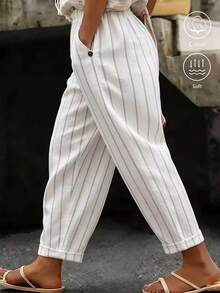 EMERY ROSE Plus Size Women's Casual Pure Cotton Solid Color Long Pants With Pockets And Button Closure - White - View 1