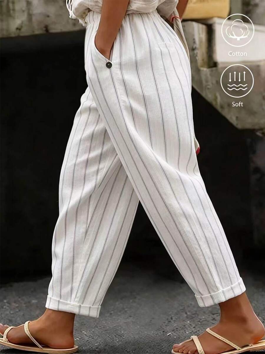 EMERY ROSE Plus Size Women's Casual Pure Cotton Solid Color Long Pants With Pockets And Button Closure - White - View 1